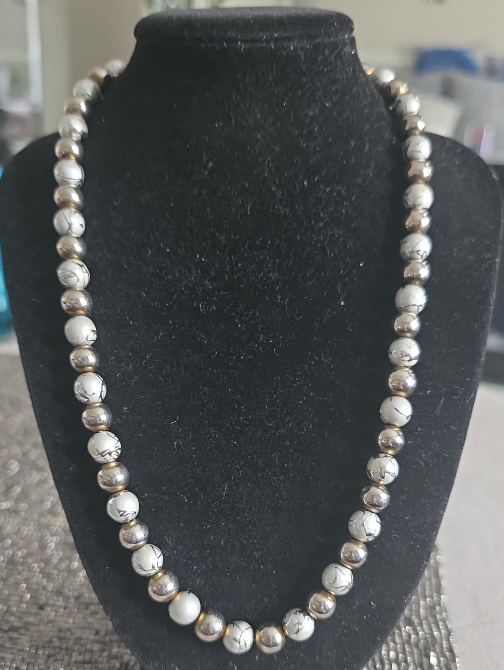 Vintage White Marbled and Silver Bead Necklace